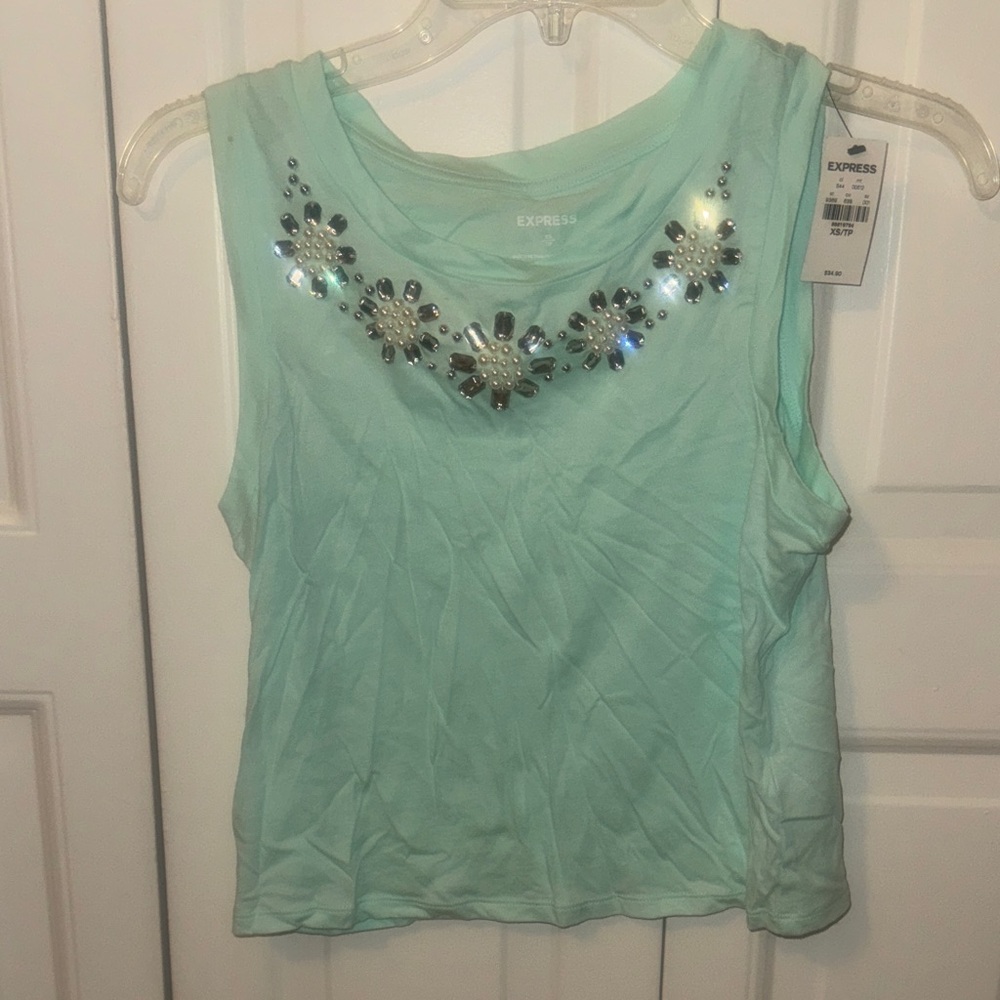 Express Light Green Embellished Tank Top
